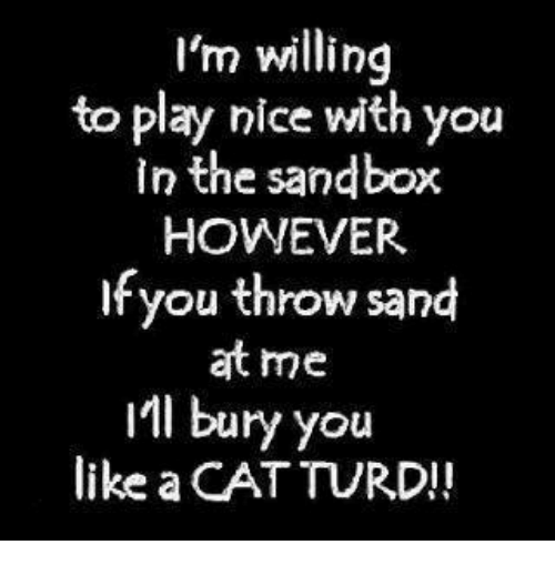 Memes, 🤖, and Cat: I'm willing  to play nice with you  in the sandbox  HOWEVER  If you throw sand  at me  IMI bury you  like a CAT TURD!