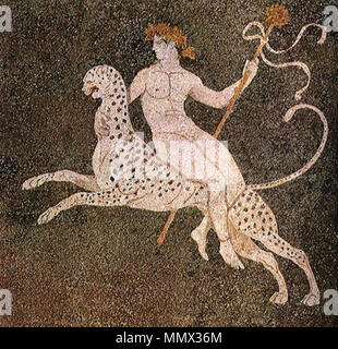 Dionysos riding a cheetah, mosaic from a wealthy home of the late 4th  century BC, the "House of Dionysos" at Pella, in Pella, the capital of the  Macedonian Kingdom. Dionysus is the