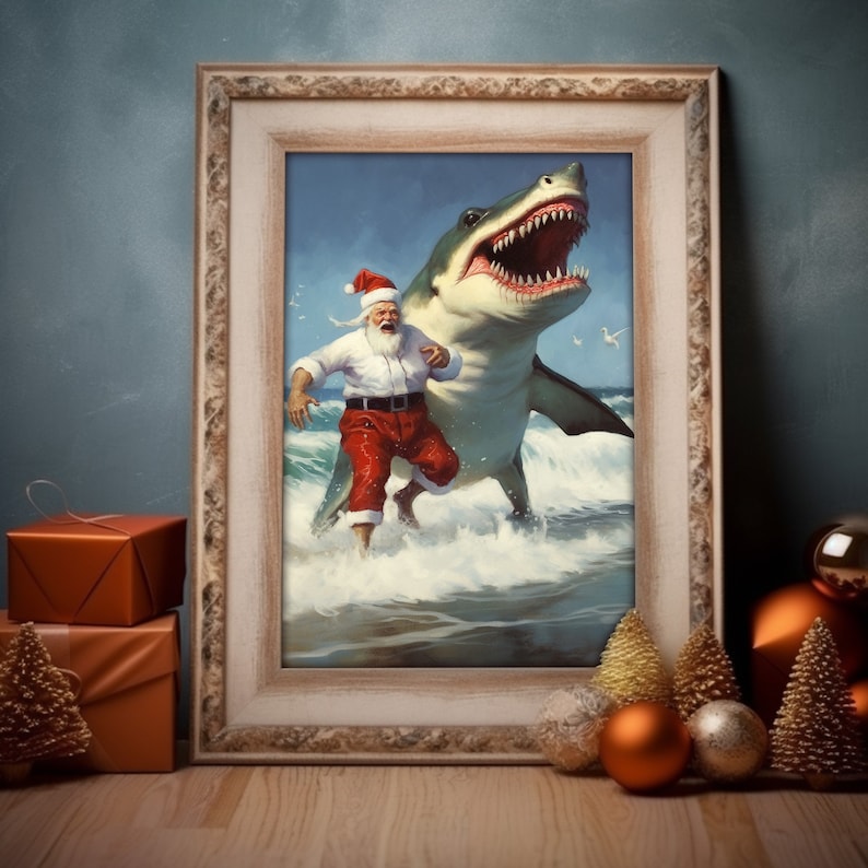 Ho Ho Ho Santa Escape a Shark Funny Tropical Christmas Art image 5