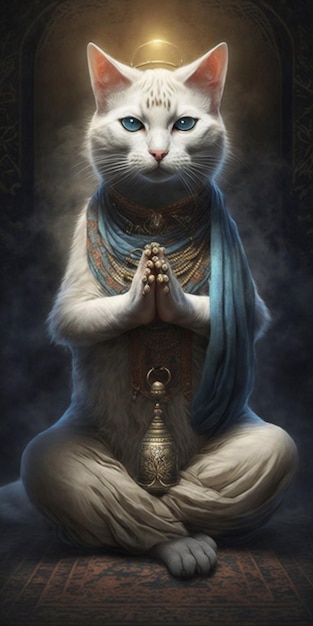 Premium Photo | White cat with blue eyes sitting in a meditation position  generative ai