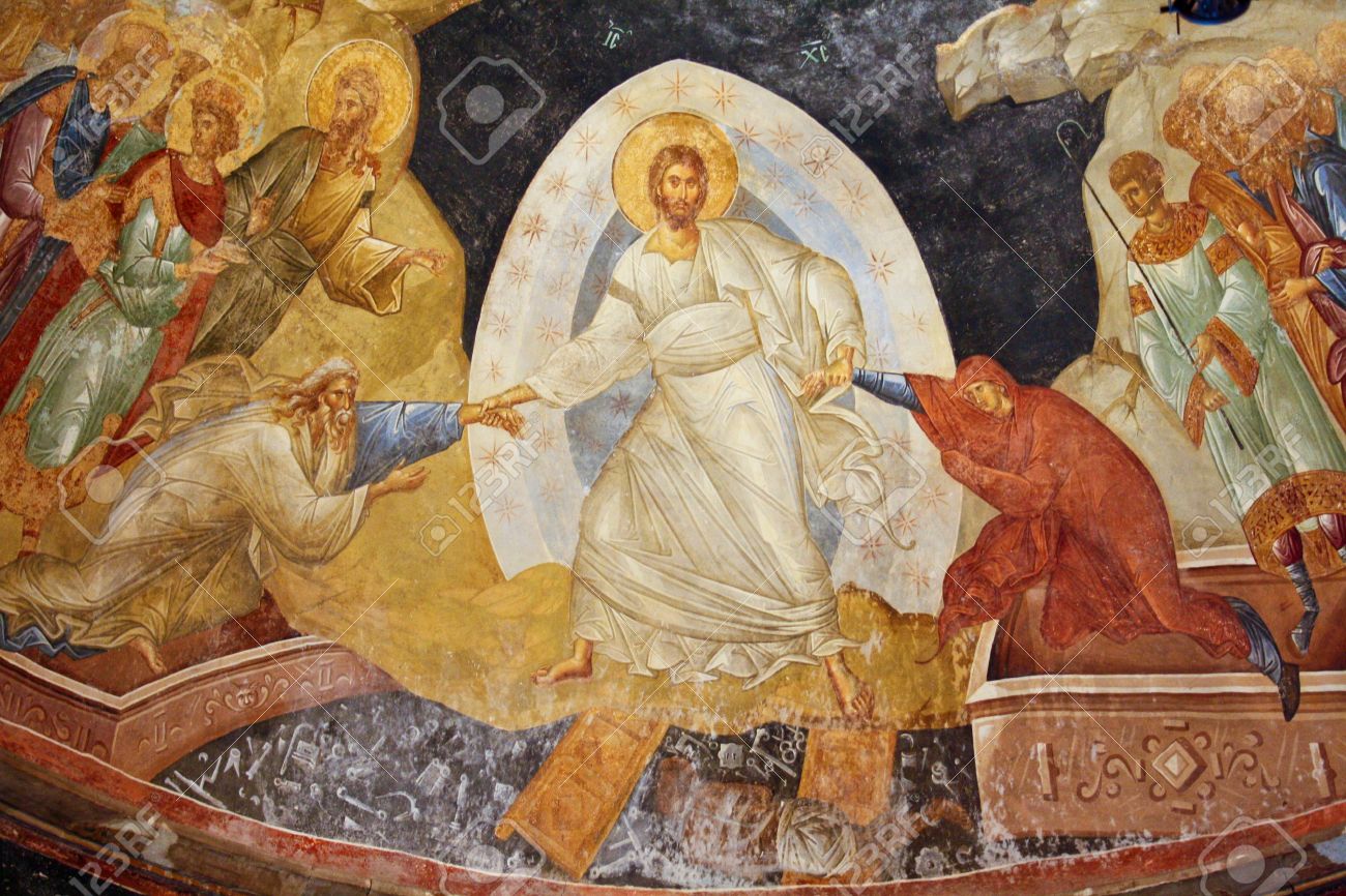 Fresco showing Jesus Christ saving Adam and Eve from Judgement. - 10474723