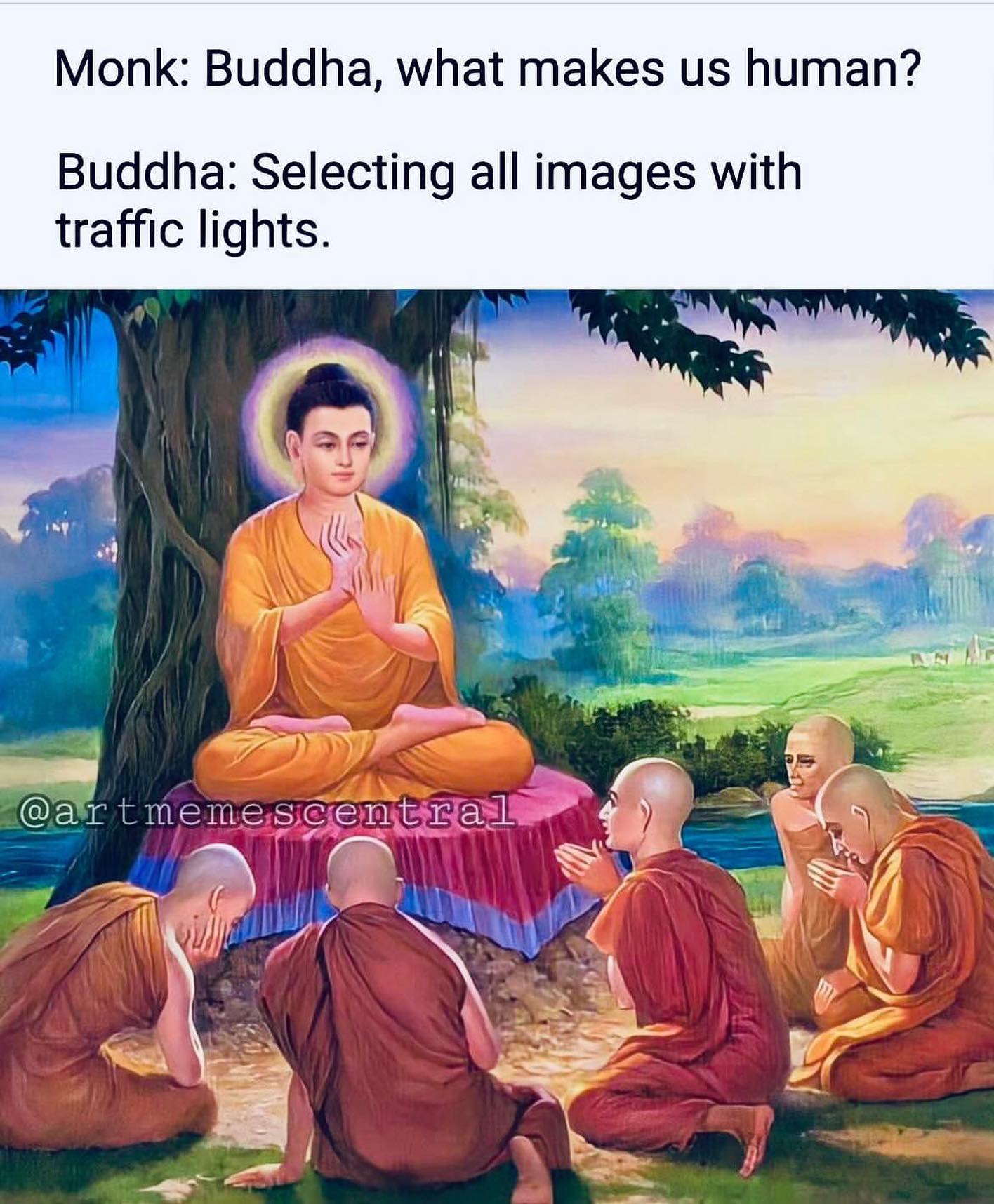 May be an image of 6 people and text that says 'Monk: Buddha, what makes us human? Buddha: Selecting all images with traffic lights. @artmemescentral'