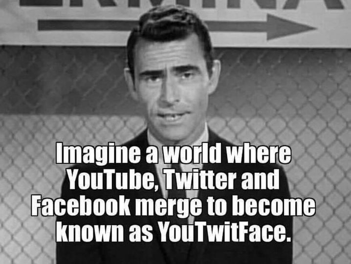 Image may contain: 1 person, text that says "Imagine a world where YouTube, Twitter and Facebook merge to become known as YouTwitFace."