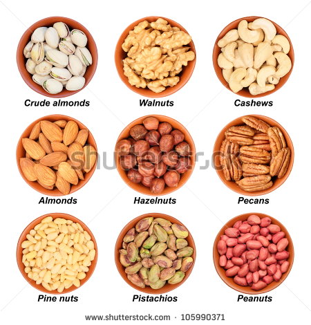 different types of nuts, pistachios, walnuts, cashews, almonds, hazelnuts, pecans, pine nuts, peeled pistachios, peanuts