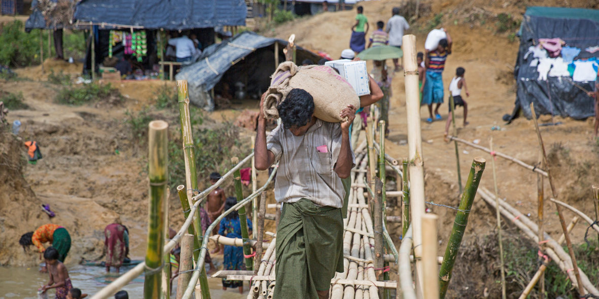 A makeshift bridge is built at a refugee camp for Rohingya in Cox's Bazar, Bangladesh
