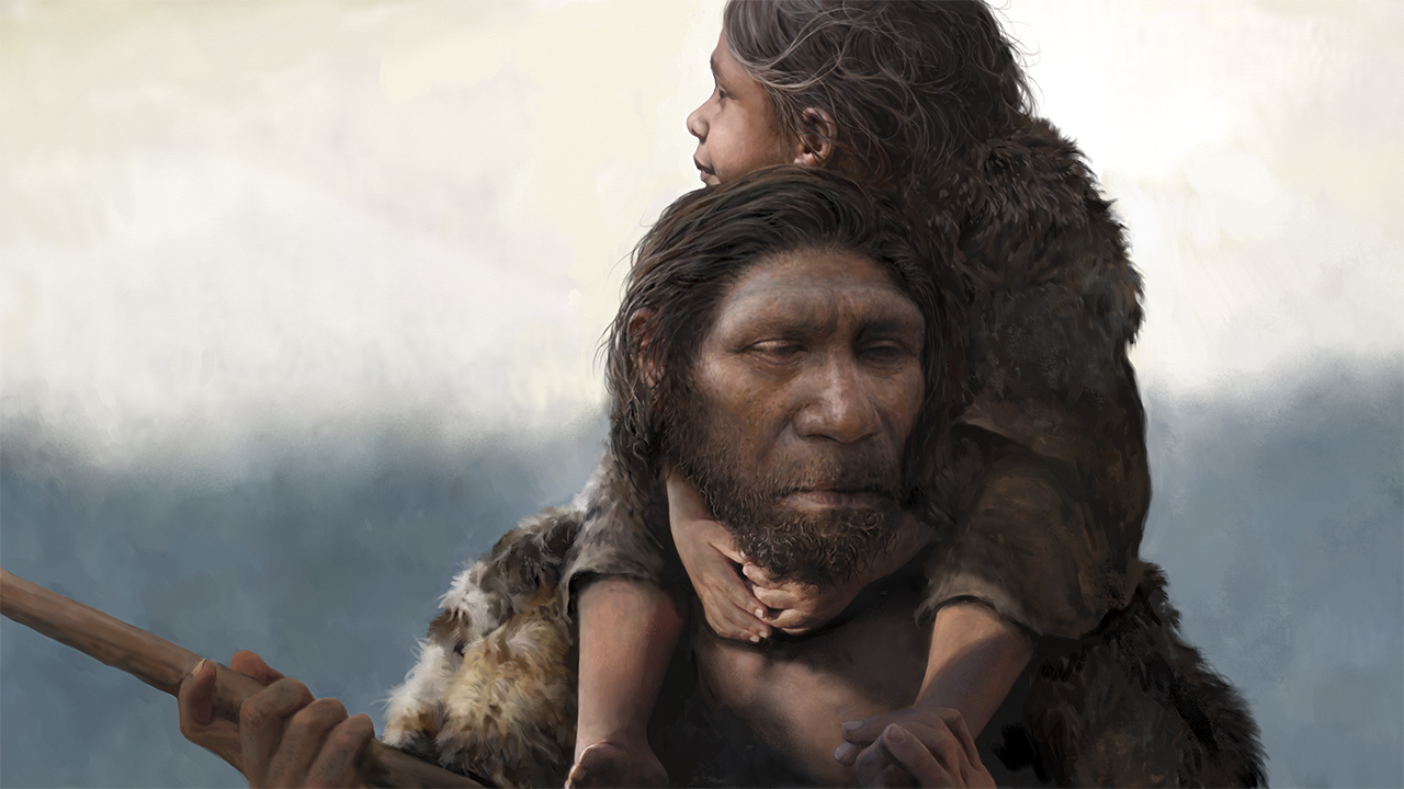 Artist rendering of Neaderthal father and child